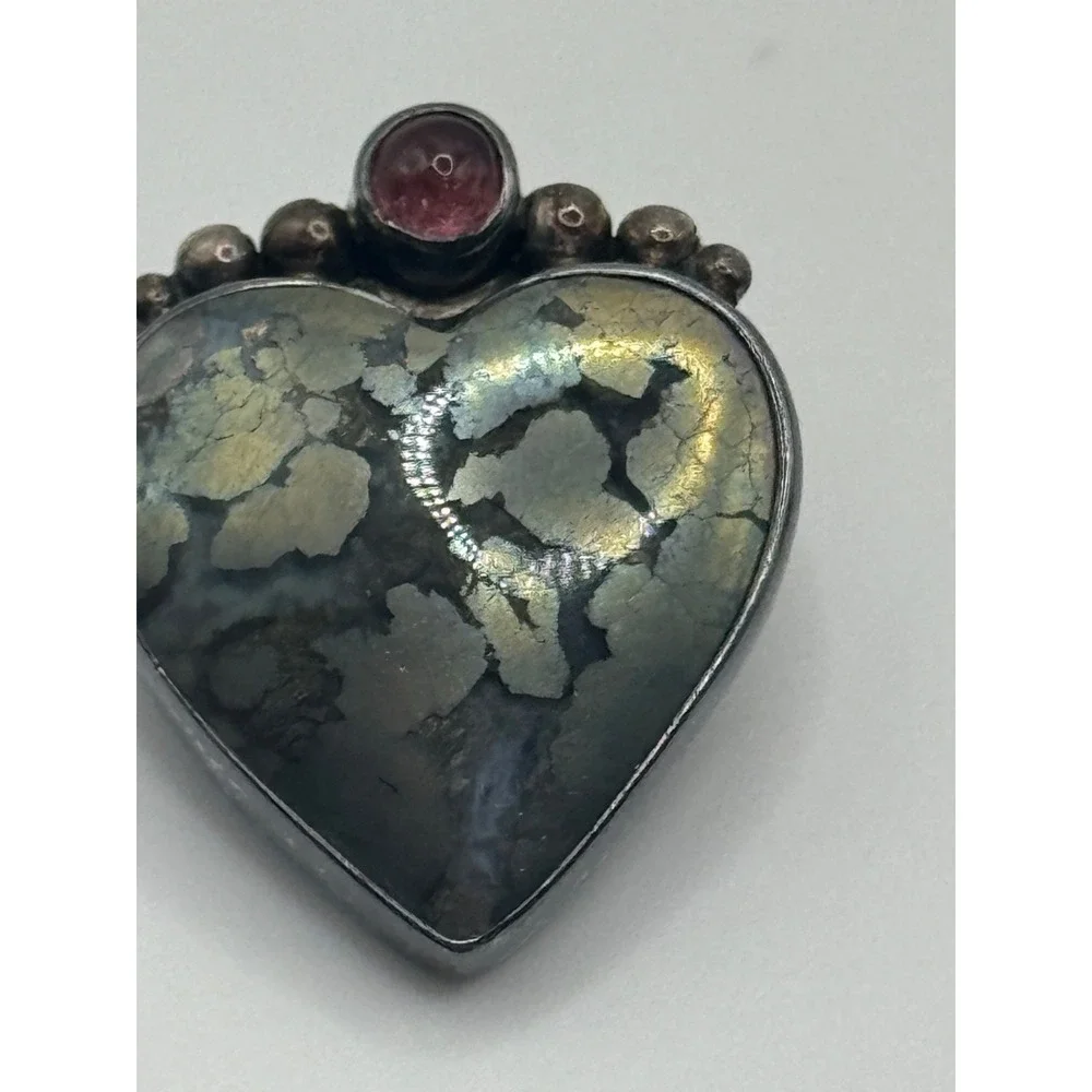 Sterling Silver KA Signed Multicolor Heart Cabochon Pendant Brooch Pin